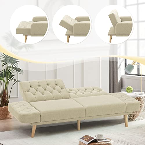 Acmease 70” Linen Fabric Futon Sofa Bed With Adjustable Backrests, Tufted Sleeper Couch With Convertible Armrest, 82” Extendable Loveseat Sofa With 2 Pillows For Living Room, Bedroom, Beige #TOP4