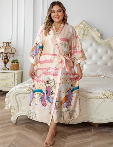 Image of Women's Floral Long Satin Robes Plus Size Long Silk Robes Peacock Floral Kimonos Sleepwear Dressing Gown