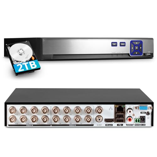 16 Channel CCTV Camera Systems with 2TB HDD, 5MP 265+ Surveillance DVR Recorder for 6 in 1 Analog XVI AHD TVI CVBS CVI IP Cameras, DVR for Security Home Surveillance System, Mobile APP PC Remote