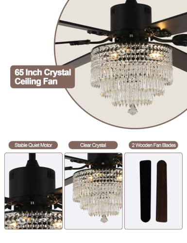 Image of 65'' Black Crystal Chandelier Ceiling Fan with Light