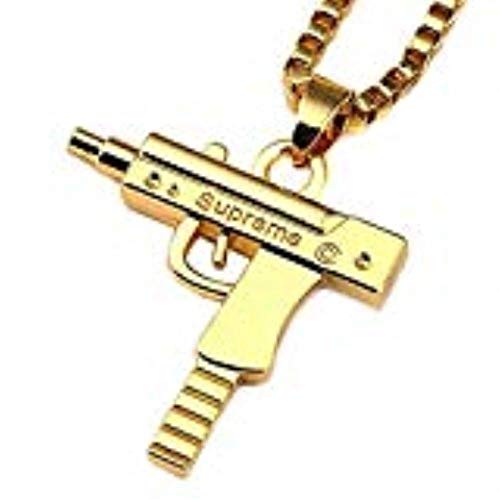 Exemption Mode Or 18 K plaqué d'argent pour homme hip-hop machine Gun Collier 61 cm inch Box Chaîne Pendentif Pistolet garçon fille (Or)