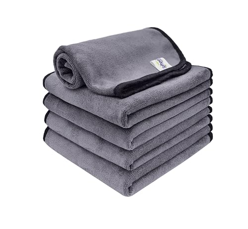 Image of SOFTSPUN Microfiber Super Absorbent Cloth 500 GSM 40X40 cms Pack of 5 Grey! Silk Banded Edge Towel Set Extra Thick Microfiber Cleaning Cloths Perfect for Bike Auto Cars Both Interior and Exterior.