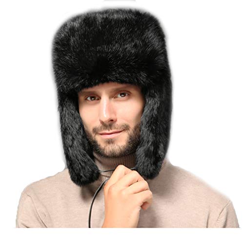 Men Genuine Rabbit Hair Russian Ushanka Winter Hats Trapper Hat Ear Flaps Black