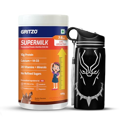 Image of Gritzo SuperMilk Growth+ (Formerly Height+) (7-9y Girls), 10g Protein Powder (Double Chocolate, 400g) with Black Panther Sipper Bottle (Black, 500ml)