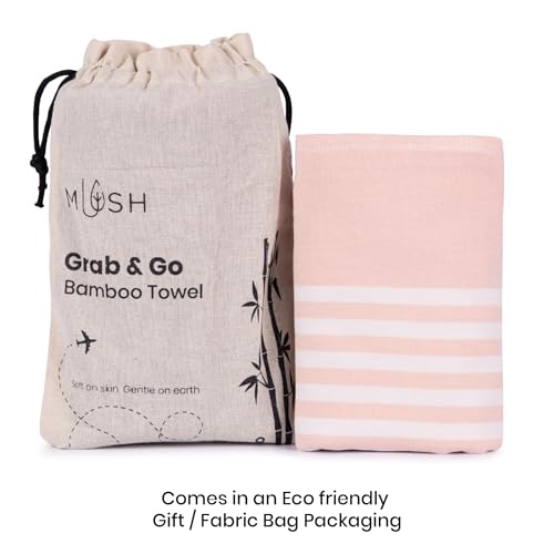 Image of Mush Grab & Go Bamboo Travel Towel | 100% Bamboo Bath Towel for Beach, Hiking & Gym Towel for Men Workout | Quick Dry & Compact Towels with Travel Bag | 60x120 cms, 250GSM | Pack of 2 (Aqua & Peach)