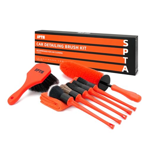 SPTA 8Pcs Wheel & Tire Brush Car Detailing kit, Easy Reach Wheel and Rim Brush, 5pcs Detailing Brushes, Short Handle Cleaning Brush, 1pc Microfiber Cleaning Cloth, Great to Clean Dirty Tires