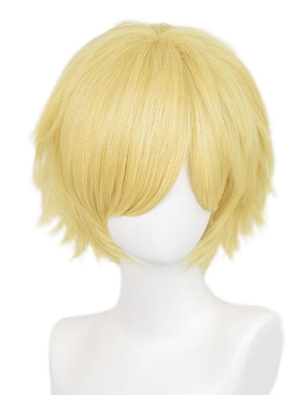 Image of LABEAUTE Unisex Short Yellow Cosplay Wig Male Man Woman With Bangs Light Golden Anime Fluffy Cosplay Hair Wigs for Party and Halloween for Gift + Free Cap
