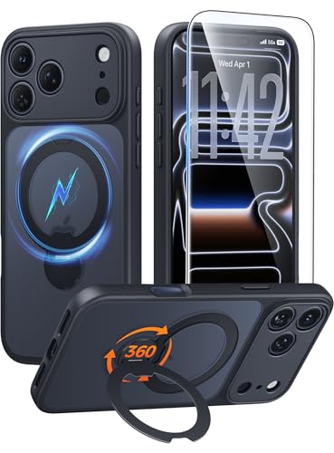 Image of FNTCASE for iPhone 17 Pro Case: [360 Spin Magnetic Stand] [Compatible with Magsafe] [Screen Protector] Translucent Matte Military Grade Shockproof Full Camera Protective Phone Cover - Black