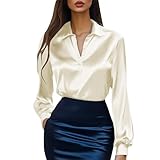 Womens V Neck Dressy Satin Blouses Collared Long Sleeve Work Tops Business Office Elegant Silky Plain Shirts(Beige,Small)