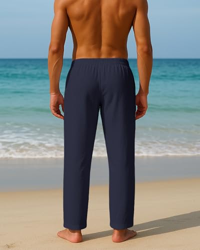 Image of PIDOGYM Mens Cotton Linen Pants Beach Casual Pajama Pants with Pockets | Elastic Waist Drawstring, Lightweight, Wide Leg Loose Design, Vacation Summer Outfits, Baggy Dress Trousers, Yoga for Women