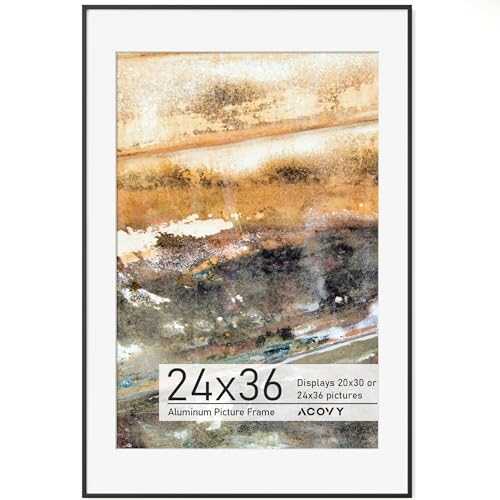 Acovy 24x36 Poster Frame Black, 24x36 Frame with Mat for 20x30, Premium Aluminum 24 x 36 picture frame, HD Tempered Glass, Metal Photo Frame for Wall Display (Black, Pack of 1)