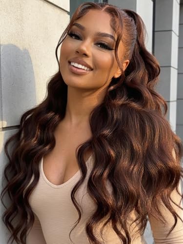 Image of KLAIYI Auburn Chestnut Brown Loose Body Wave Pre Everything Glueless 13x4 Lace Front Wigs Human Hair Drawstring Precut Lace Pre Plucked Bleached Ready to Wear and Go Wig with Face Framing Bang 26Inch