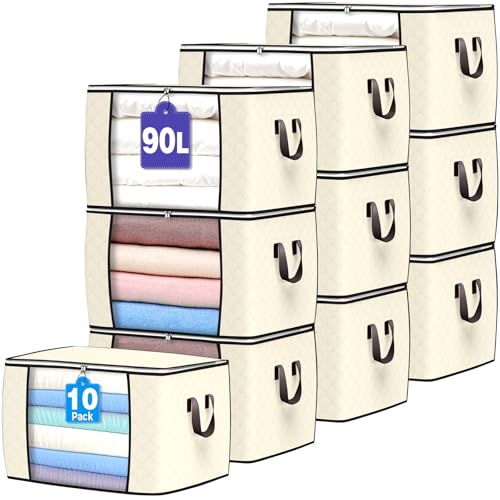 Image of 90L Large Storage Bags, 10 Pack Clothes Storage Bins Closet Organizers | Foldable Storage Containers, with Reinforced Handle, for Clothing, Blanket, Comforters, Bed Sheets, Pillows and Toys,Beige