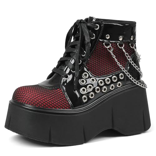 Women's Black Platform Boots Wedge Goth Round Toe Lace Up Chain Mesh Punk Combat Ankle Booties