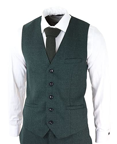 Mens 3 Piece Check Suit Tweed Olive Green Tailored Fit Wedding Peaky Classic3