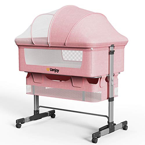 Image of Uenjoy Baby Bassinet, 3 in 1 Baby Bed, Adjustable Portable Bed for Infant/Baby/Newborn,with Mosquito Nets, Large Storage Bag, Comfortable Mattresses, Lockable Wheels,Pink