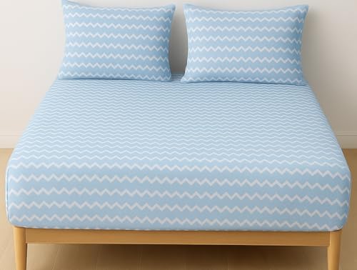 Image of 400TC Cotton Feel Glace Cotton Double Bed Elastic Fitted Bedsheet King Size 78 x 72 Inches with 2 Pillow Covers (Blossom Blue)