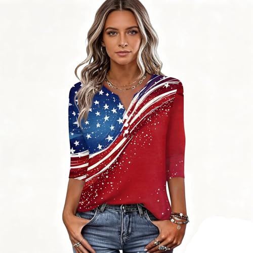 Image of 4th of July Shirts Women 3 /4 Length Sleeve Womens Tops Henley Neck Casual Patriotic T Shirts
