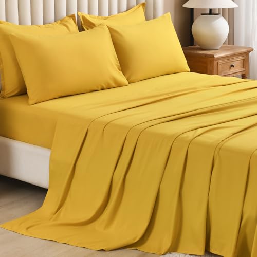 Litanika Comforter California King Size Set Mustard Yellow - 7 Pieces Bed in a Bag California King Bedding Comforter Sets, Plain Lightweight Bed Set with Comforter, Sheets, Pillowcases & Shams