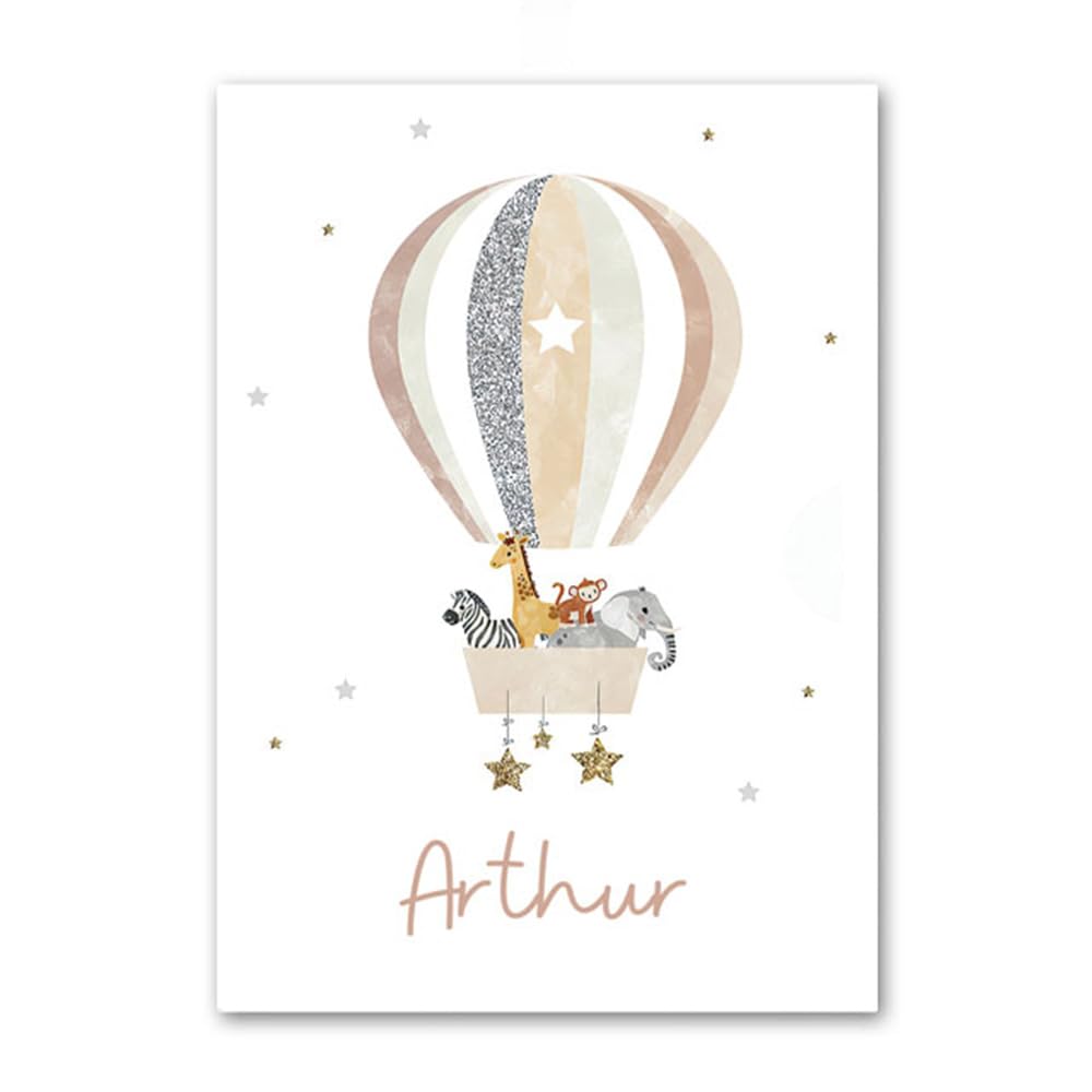 3 Affiche Animaux Chambre Bebe 30x40cm Poster Personnalisé Prenom Enfant Lion Elephant Arc en Ciel Montgolfière Tableau Savane Bébé Garcon Toile Enfant Animaux Safari Cadeau sans Cadre