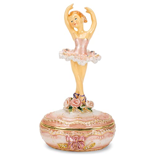 Cottage Garden Hand Painted Metal Enamel Hinged Trinket Box Ornamental Mini Jewelry Ring Earring Organizer Vintage Collectible Figurine Keepsake Box With Bejeweled Crystals, Floral Pink Ballerina #TOP16