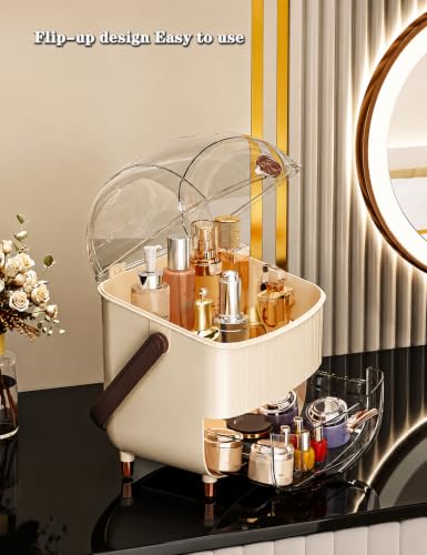 Image of YAGVIZ Cosmetic Organizer Box with Handle - Dustproof Makeup Storage Cabinet with Drawer, Skincare & Perfume Organizer for Vanity, Dressing Table & Bathroom Countertop