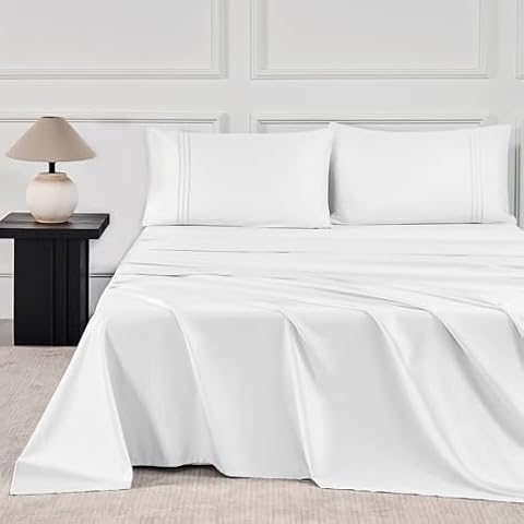 JELLYMONI Queen Sheet Sets White - 400 Thread Count 100% Cotton Sheets, 4 Pieces Silkly Sateen Cotton Sheet Set, Wrinkle Free Hotel Luxury Bedding Cover
