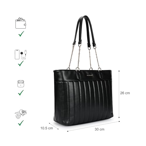 Image of Fastrack Quilted Tote Bag for Women | Faux Leather Shoulder Bag with Dual Chain Handles, Zip Closure & Organiser Pockets | Elegant Everyday Tote for College, Brunch & Casual Outings