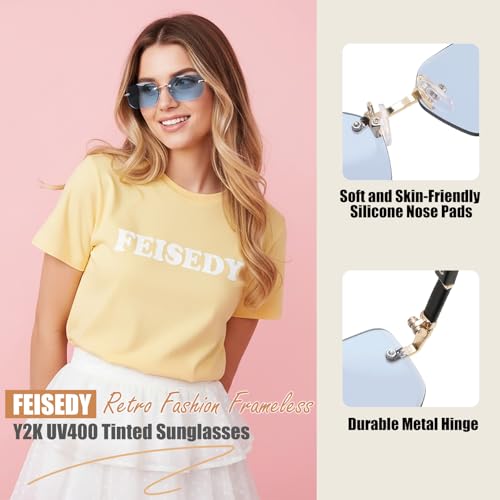 Image of FEISEDY Rimless Sunglasses Y2K Retro Small Narrow Clear Eyewear Vintage Rectangle Sunglasses for Women Men B2643