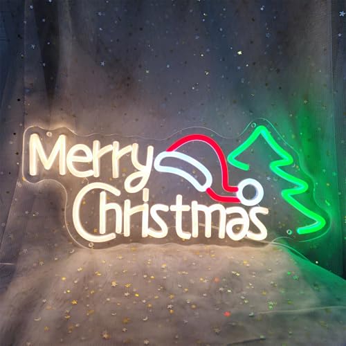 Image of Merry Christmas Neon Signs for Wall Decor, Christmas Hat & Tree Neon Signs, Led Lighted Signs for Home, Living Room, Bedroom, Happy Party & Bar Decoration, 16.9 inch x 7.5 inch