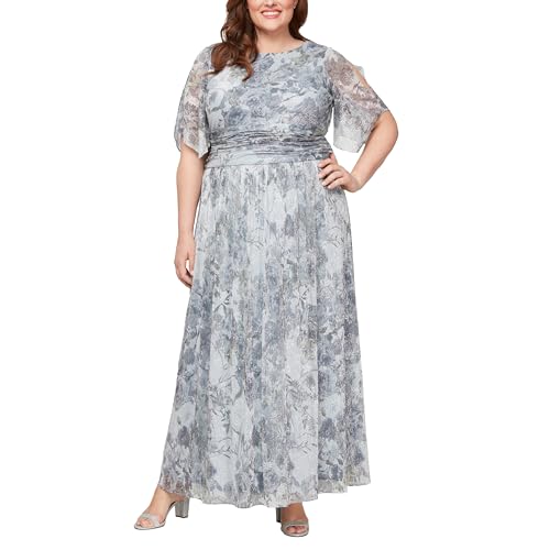 Amazon.com: S.L. Fashions Women's Plus Size Long A-line Gown w/Flutter  Sleeves & Ruched Waist, Wedding Guest, Party Dress, Sliver Multi, 14W :  Clothing, Shoes & Jewelry