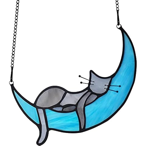 BOXCASA Sleeping Cat Stained Glass Windown Hanging,Grey Cat on Moon Beautiful Handcrafted Sun Catcher Gifts for Daughter,Mothers Day,Christmas and Cat Lover Cover