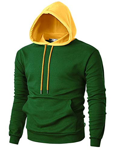 OHOO Men's Slim Fit Long Sleeve Lightweight Pullover Hoodie Combination With Kanga Pocket/DCF020-GREEN/YELLOW-M