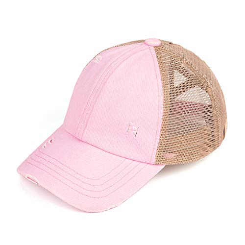 Kids Criss Cross Messy Bun Ponytail Hat -Light Pink Washed W/Mesh #TOP4