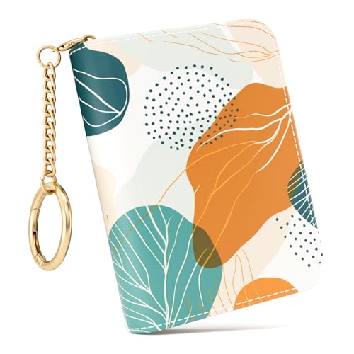 Image of Credit Card Holder RFID Wallet for Women, Small Leather Card Organizer Case with Zipper and Keychain, Red Leaf