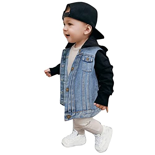Kids Boys Girls Hooded Classic Retro Denim Jacket Button Coat Patchwork Hooded Outerwear Windproof Stuff Coat