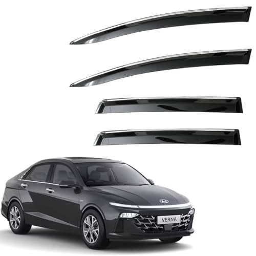 Image of CAR SAAZ Unbreakable Chrome Smoke Door Visor for Verna (2023-Present)| Premium Sun, Rain Wind Deflector Chrome Strip Side Door Rain Visor - Set of 4 Pcs
