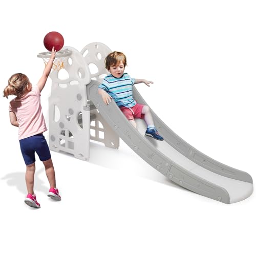 4 in 1 Toddler Slide, Indoor Slide for Toddlers with Extra Long Slipping Slope and Basketball Hoop, Baby Slide for Kid Play Climber Slide Playground, Ideal Gift for Age 1-7 Boys & Girls (Grey)
