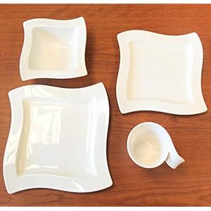 Villeroy boch new wave 4 piece place setting dinner salad plate bowl and mugpremium porcelain dinnerware white  urban country home decor