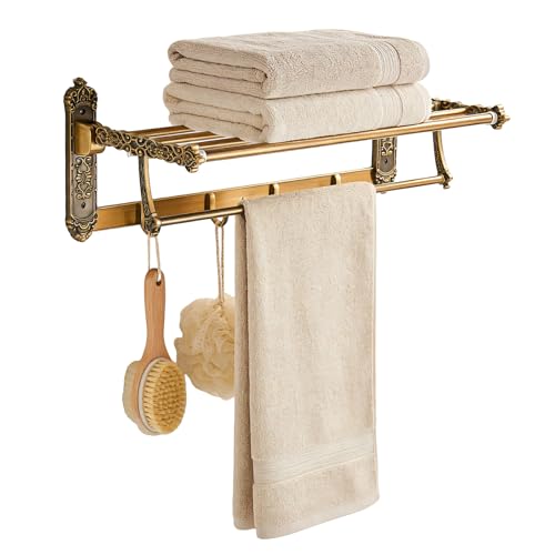 GreenWhim Wall Mounted Bathroom Towel Rack with Shelf and Hooks Foldable Towel Rail Vintage Gold Aluminium Towel Holder Decorative Bathroom Storage Shelf for Towels Robes