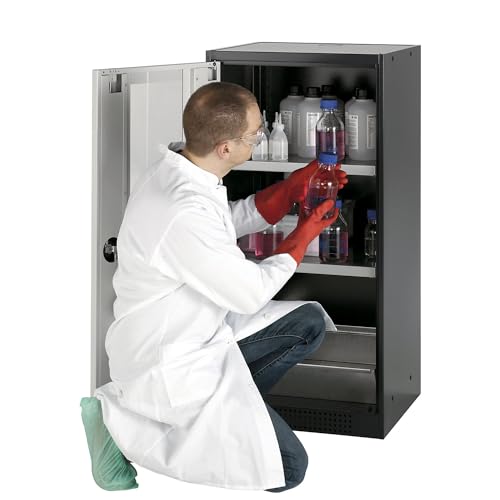 Armario de laboratorio para productos químicos, 1 puerta, de media altura, 2 baldas, con ventanilla, gris.