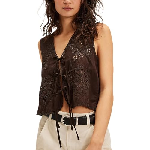 Women FP Dupes Tie Front Vest Floral Eyelet Embroidered Tank Frees
