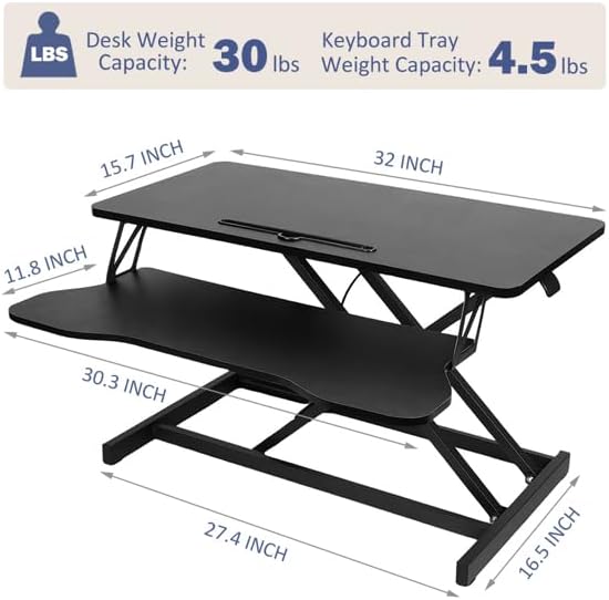 32 Inch Desk Converter, Height Adjustable Sit to Stand Riser, Dual Monitor and Laptop Workstation with Wide Keyboard Tray, Black