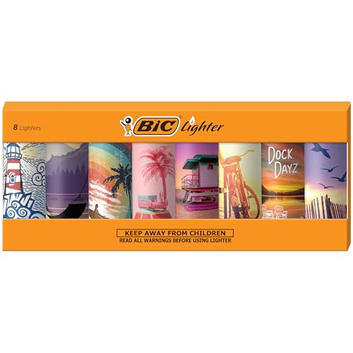 BIC Maxi Pocket Lighter, Special Edition Vacation Collection, Assorted Unique Lighter Designs, 8 Count Pack of Lighters
