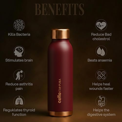 Image of CELLO Evita Copper Water Bottle For Daily & Office Use 700 ml, Red | Leakproof & Rustproof ISI Certified Single Wall 100% Pure Copper Promotes Immunity, Improve Digestion & Supports Healthy Living
