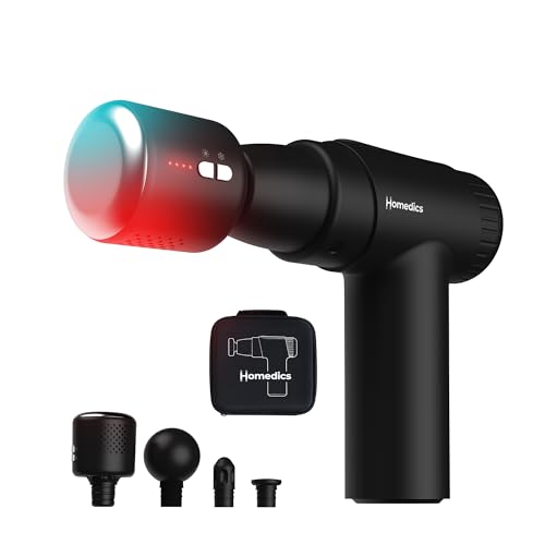 Homedics NOVO+ Hot & Cold Pistola de Masaje de Calor y Frío   Pistola de Masaje Muscular con Control de Temperatura, 4 Accesorios y 6 Intensidades, Masajeador de Tejido Profundo, Estuche de Viaje