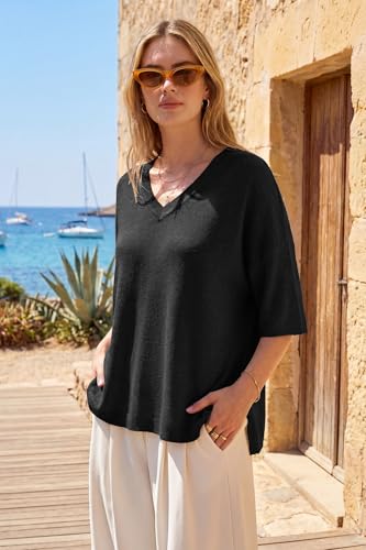 Image of Arach&Cloz Women's Wool Blend Elbow Sleeve Summer Oversized Casual Sweater | Versatile, Fall Layering Soft, Anti-pilling