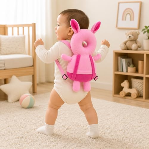 Image of GLUN Baby Cute Rabbit Soft Cushioning Fall Protector Backpack Pack of 1 Pink Colour, Adjustable Shoulder Belt, Head Protection Back for 6-12 Month Toddler Babies