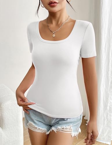 Zeagoo Women's Short Sleeve T Shirts Casual Summer Basic Scoop Neck Slim Fit Rib Knit Business Work Tee Tops3
