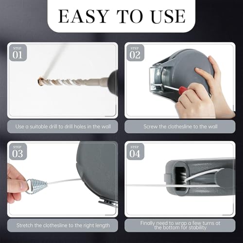 Image of HASTHIP Retractable Clothes Line - 12m 30lbs PVC Wall Mounted Heavy Duty Cloth Drying Rope Adjustable Lockable Hanging Washing Clothesline for Indoor /Outdoor /Balcony (Pack of 1)
